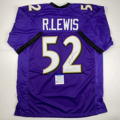 Purple custom jersey with gold trim, white numbers, and signature for sports collectors