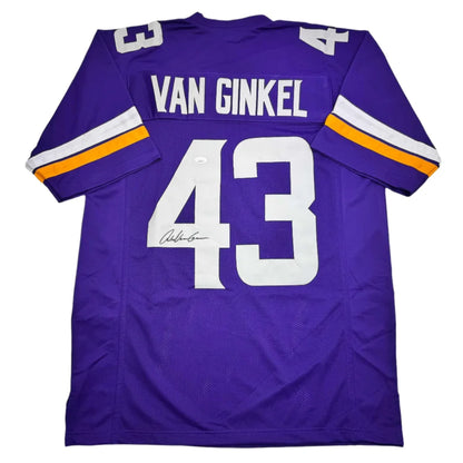 Custom purple football jersey with white lettering, number 4, orange sleeve stripe
