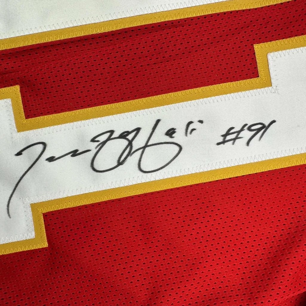 Red and gold Kansas City Chiefs custom jersey number 91 Hali