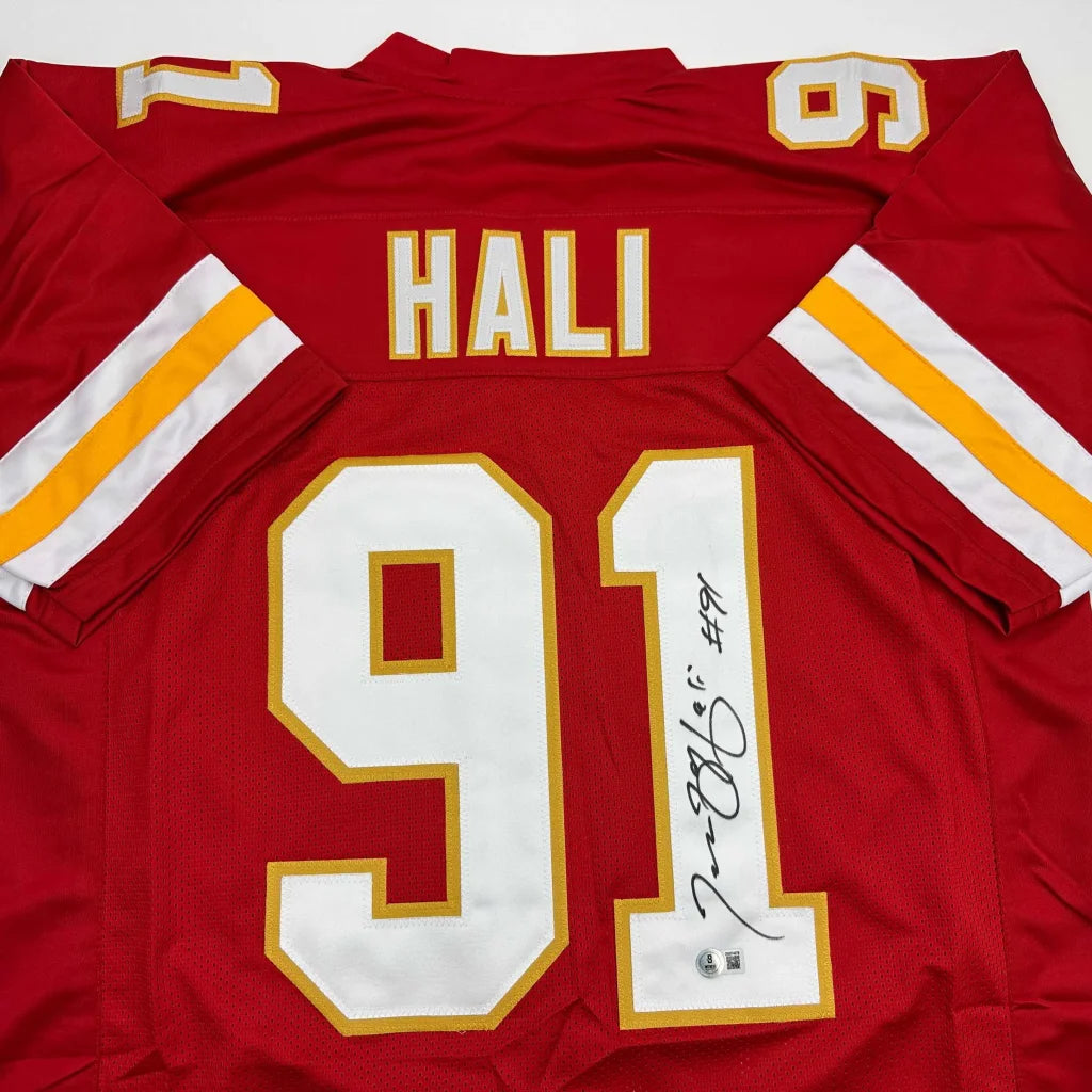 Red Kansas City Chiefs custom jersey with gold accents, number 91 Hali