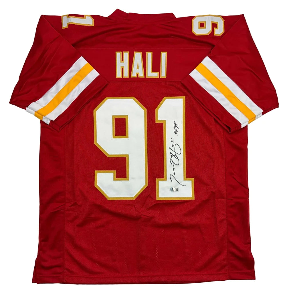 Red Kansas City Chiefs custom jersey with gold accents, number 91 Hali