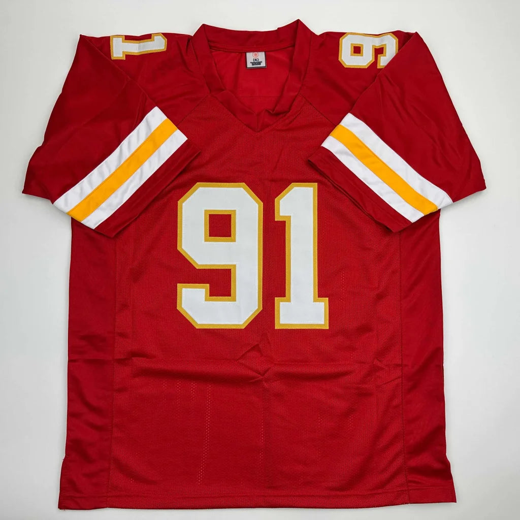 Red Kansas City Chiefs custom jersey with gold accents, number 91 Hali