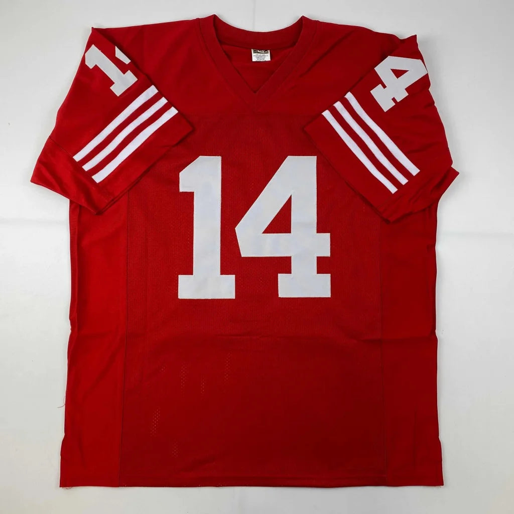 Red short-sleeved custom jersey with white stripes and number 14 for sports league fans