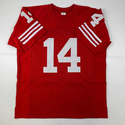 Red short-sleeved custom jersey with white stripes and number 14 for sports league fans