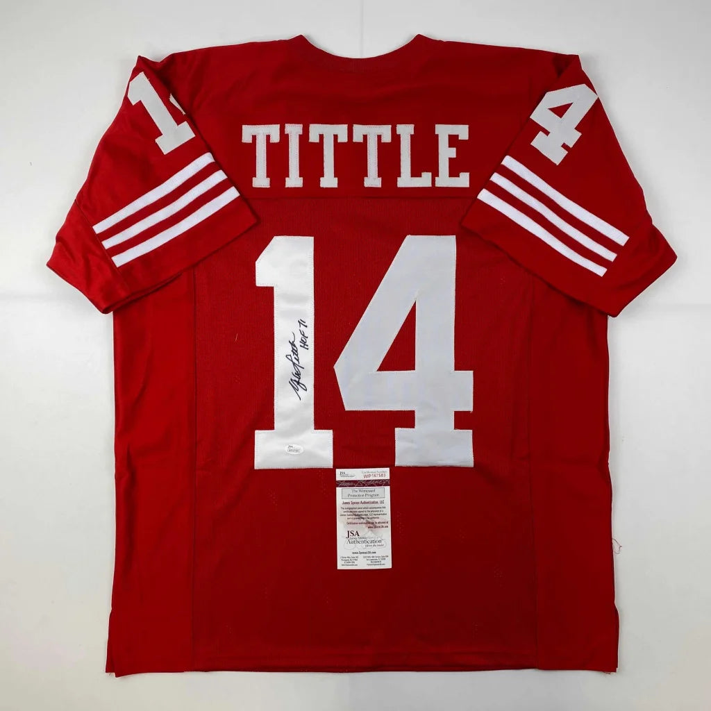 Red and white autographed football jersey from a professional sports league, custom jersey style