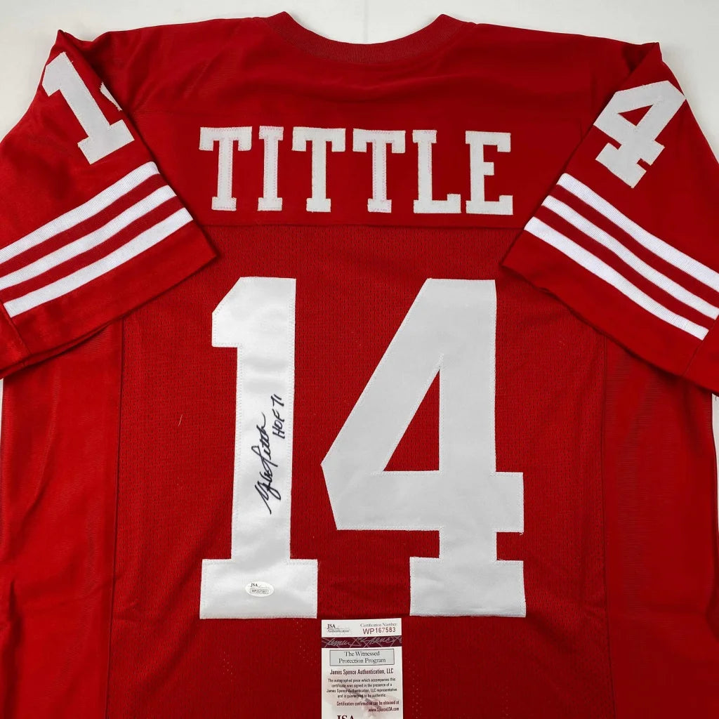 Red custom jersey with number 14 and signature from a professional sports football star