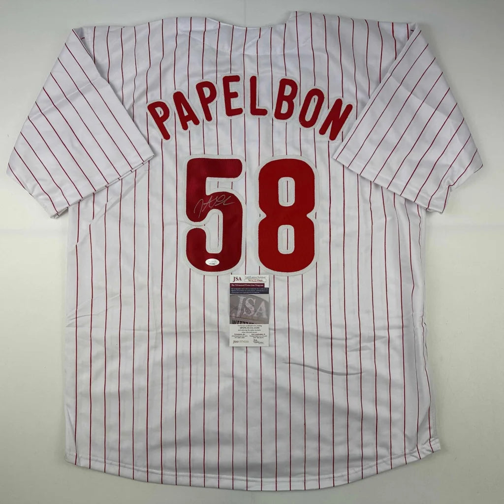 White pinstriped custom jersey with red lettering from a pro sports league collectible