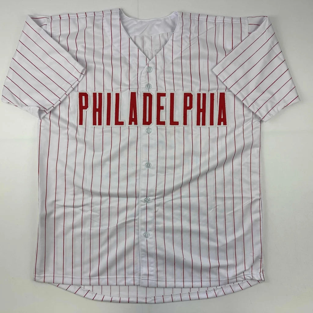White custom jersey with red pinstripes and PHILADELPHIA for professional sports fans
