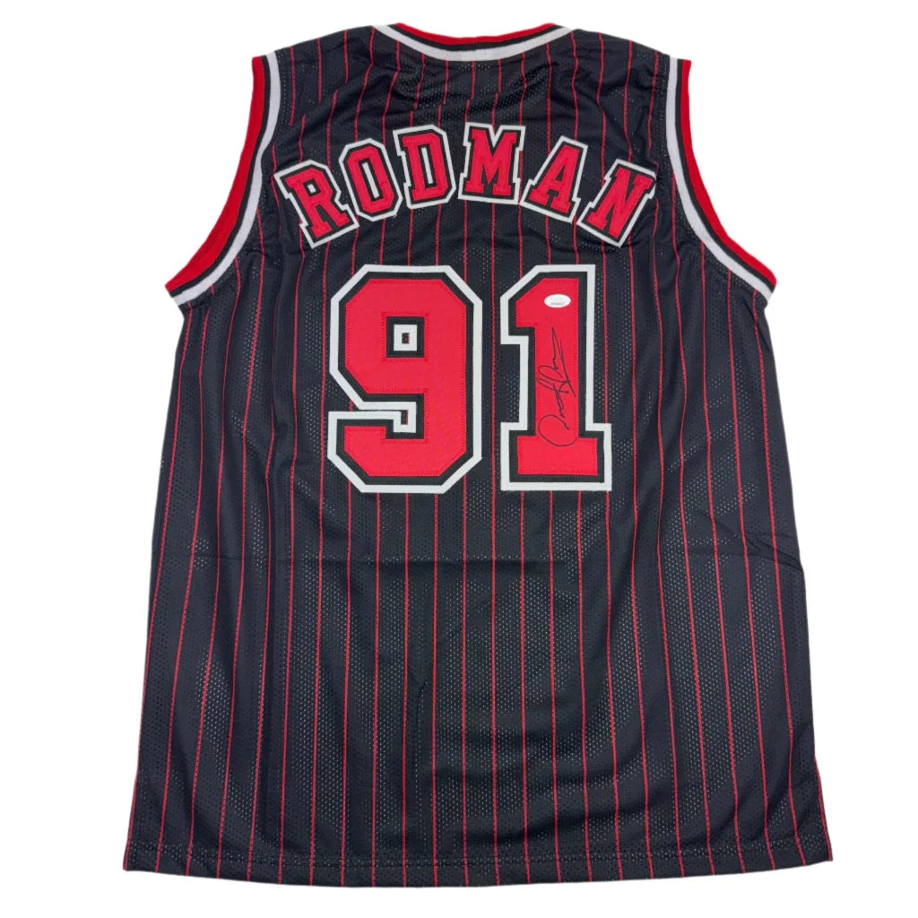 Black and red striped custom jersey with RODMAN 91 signature for sports league fans