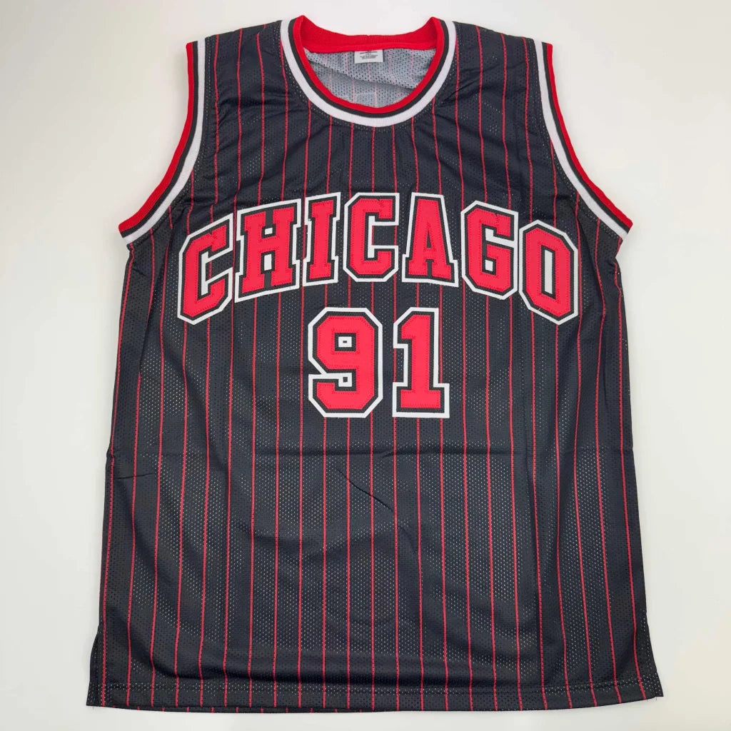 Black pinstriped basketball jersey with red and white trim from the Custom Jersey Rodman 91 collectible