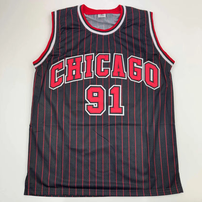 Black pinstriped basketball jersey with red and white trim from the Custom Jersey Rodman 91 collectible