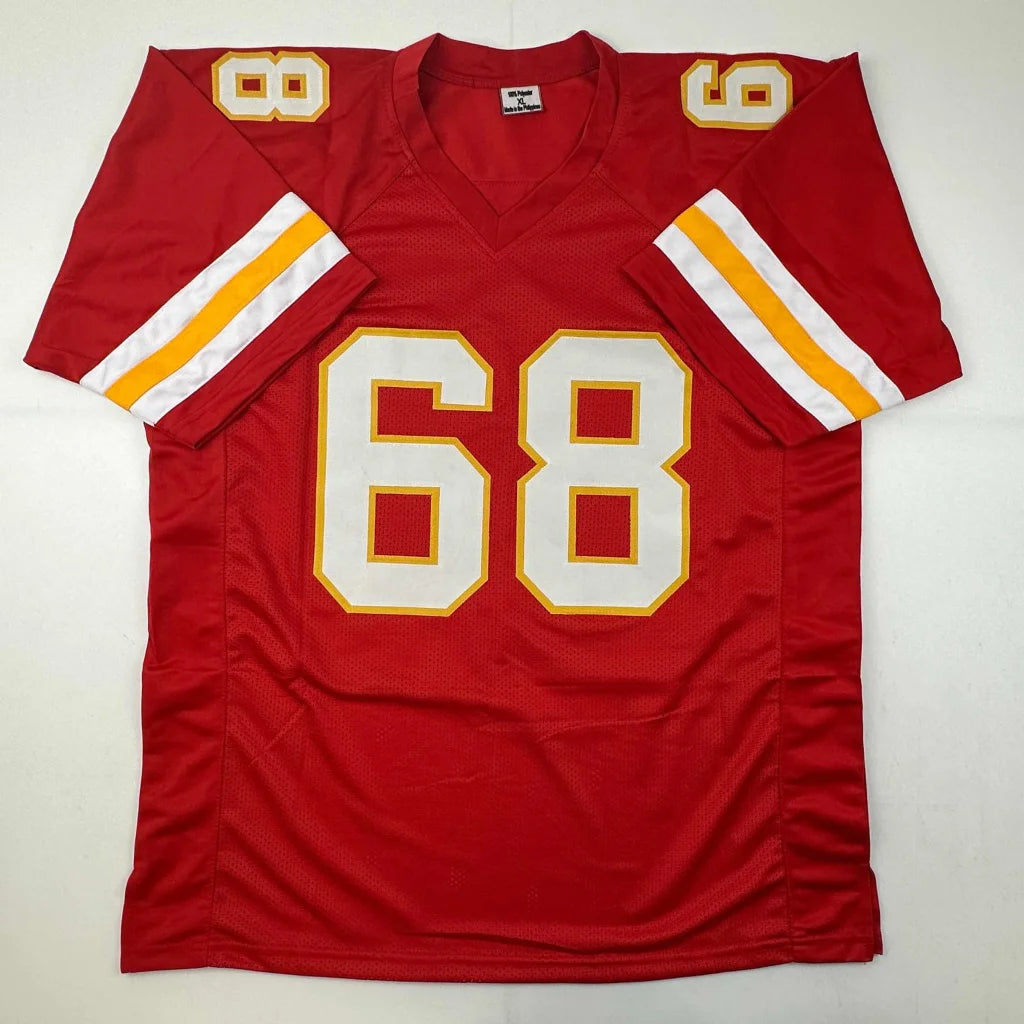 Red and gold Riddell custom jersey 68, Kansas City Chiefs pro sports league style