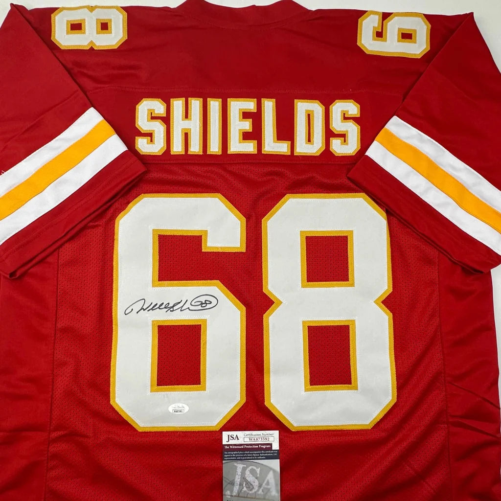 Autographed red Kansas City Chiefs custom jersey by Shields