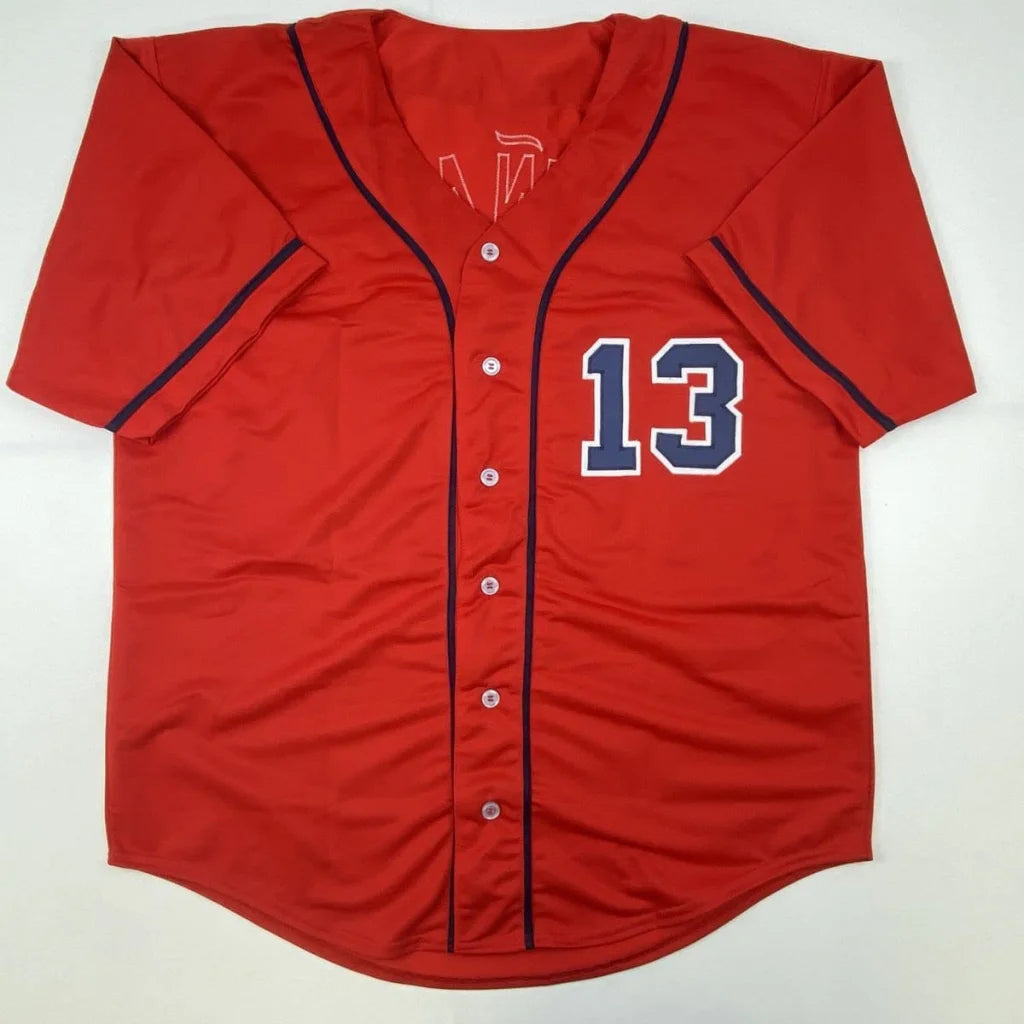 Red custom jersey with number 13, navy trim, perfect for sports league fans