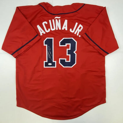 Red custom jersey signed by Acuna Jr with number 13, perfect for sports league fans