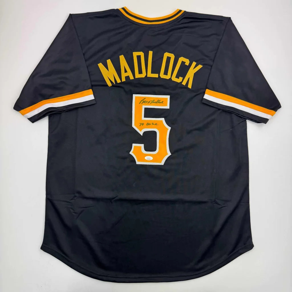 Navy blue custom jersey signed by Barry Bonds, with yellow lettering and orange accents