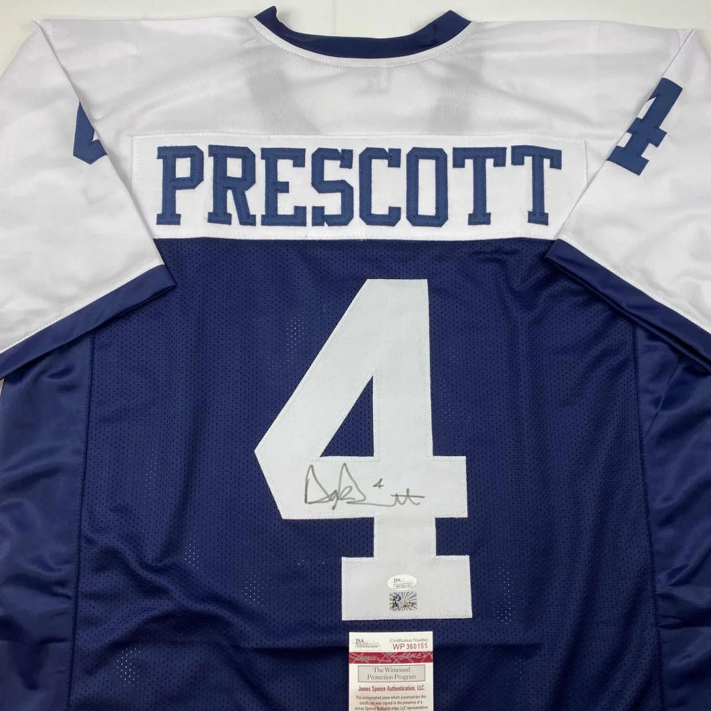 Signed Dak Prescott custom jersey number 4 blue white NFL