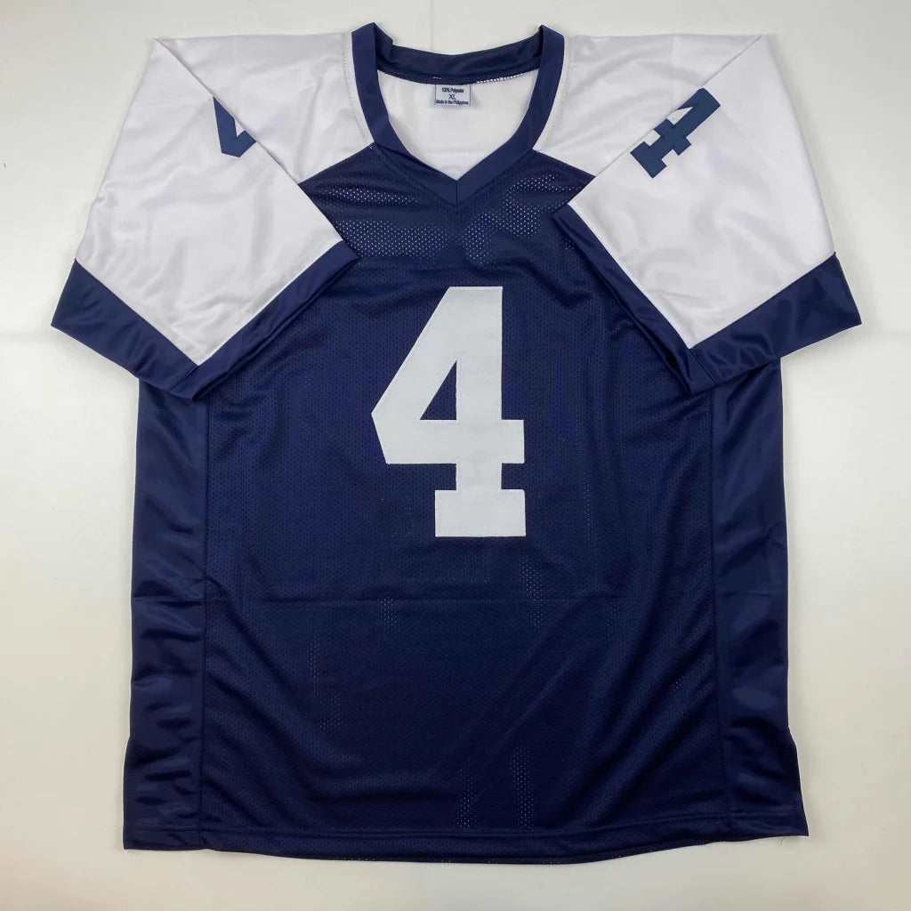 Custom jersey signed by Dak Prescott, number 4 navy blue white pro football