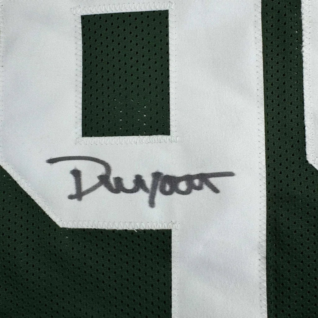 Custom jersey with black ink Dunwoody signature on green white athletic top