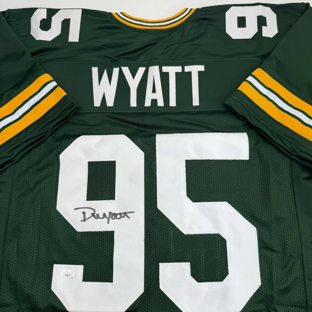 Custom green and gold Packers-style jersey signed by Dunwoody Wyatt 95