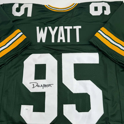 Custom green and gold Packers-style jersey signed by Dunwoody Wyatt 95