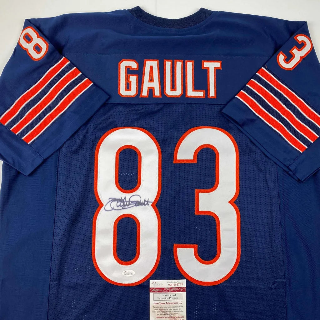 Blue custom football jersey signed by Emmitt Smith featuring Gault in pro sports league