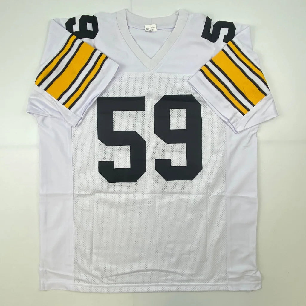 White custom jersey signed by Glenn Hamilton with black yellow accents for sports league fans