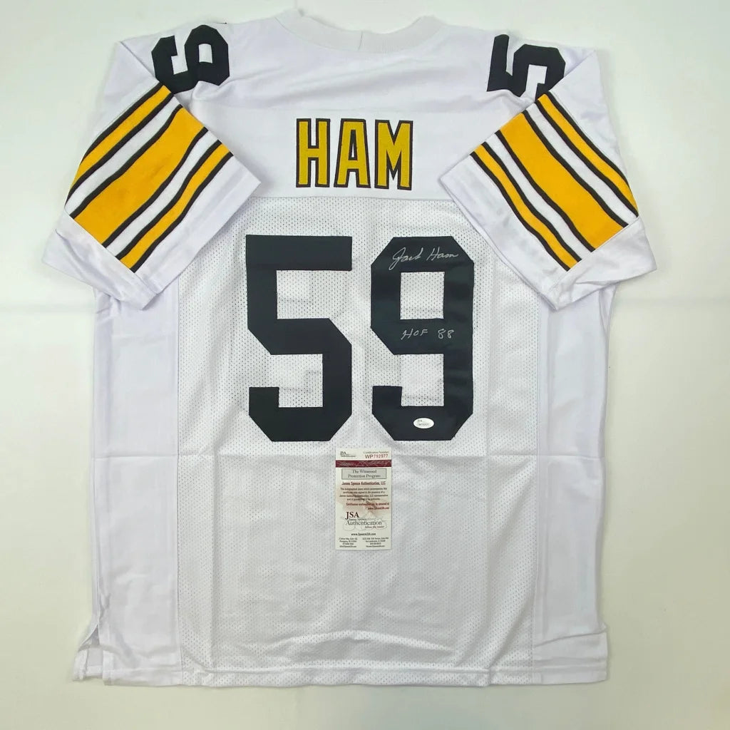 White custom jersey signed by Glenn Hamilton in Steelers style with ham on chest