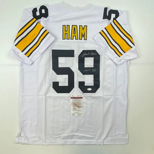 White custom jersey signed by Glenn Hamilton in Steelers style with ham on chest