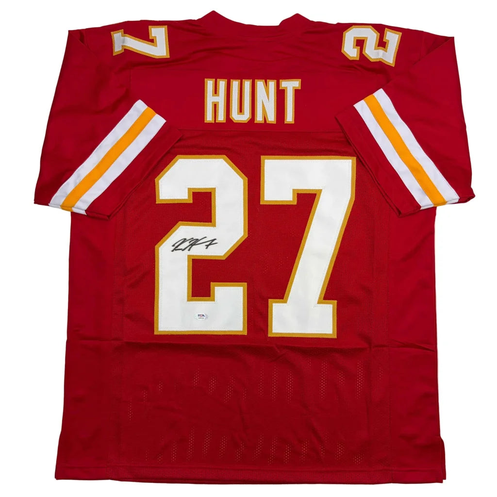 Red Kansas City Chiefs custom jersey signed by Hunt #27 in white gold