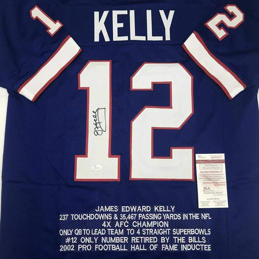 Blue custom jersey signed by James Edward Kelly, perfect for sports league fans