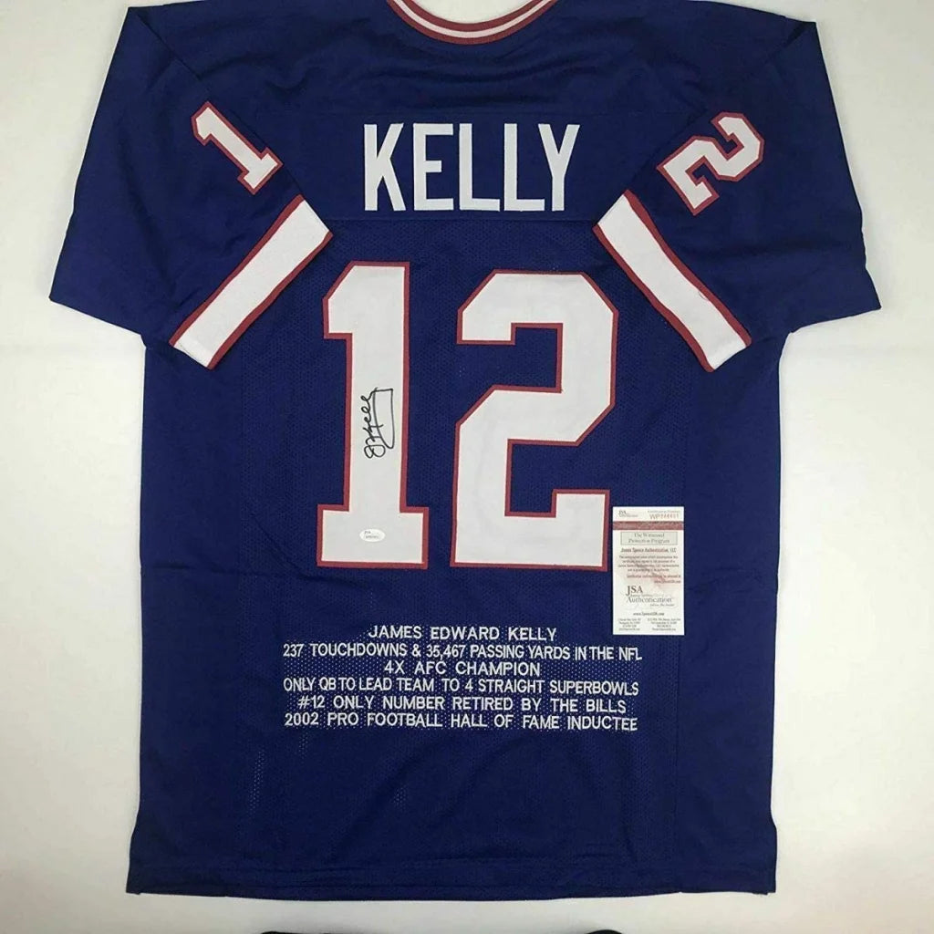 Blue custom jersey signed by James Edward Kelly, perfect for sports league fans