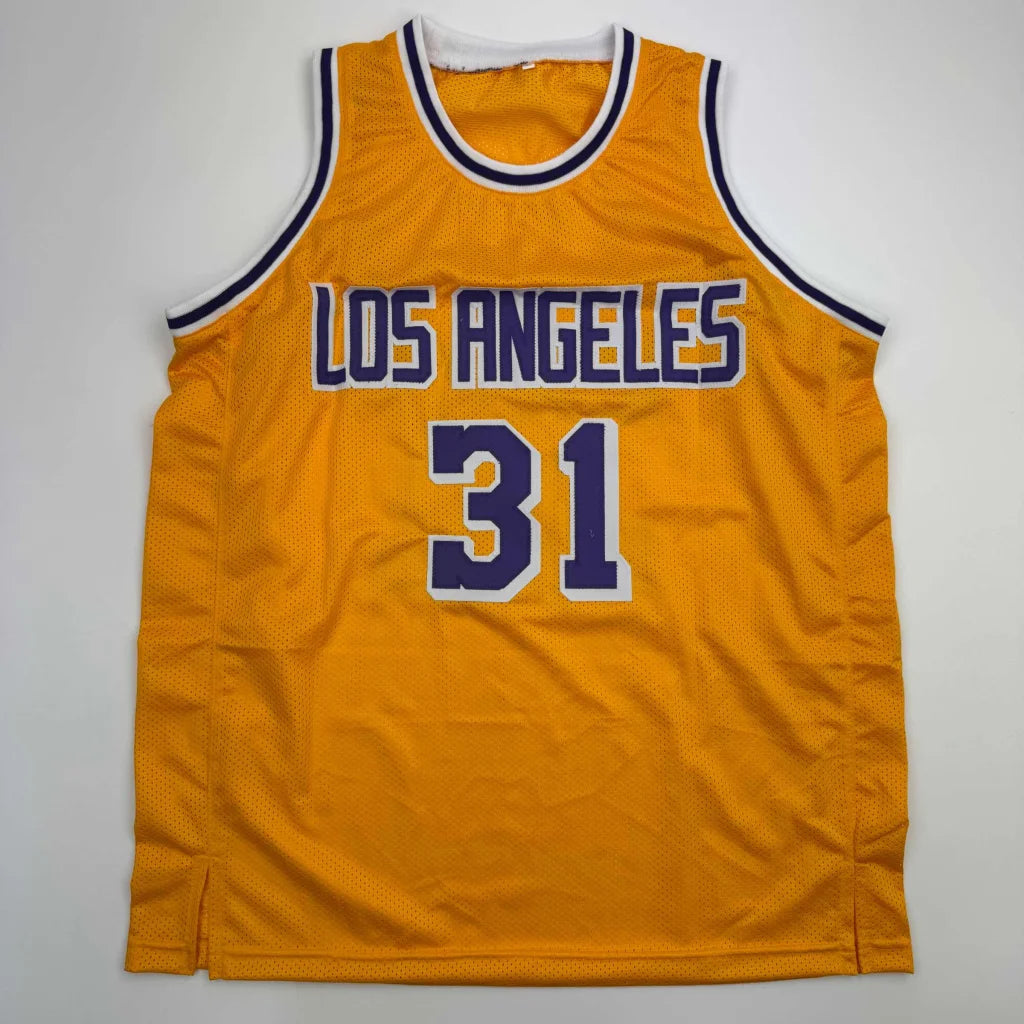 Yellow Los Angeles Lakers custom jersey with 31 and Phil Jackson signature