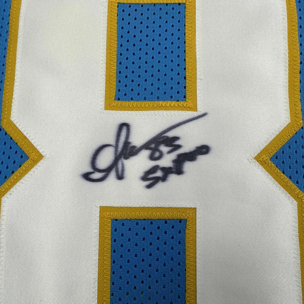 Custom white blue gold basketball jersey signed by Miller, pro sports league design