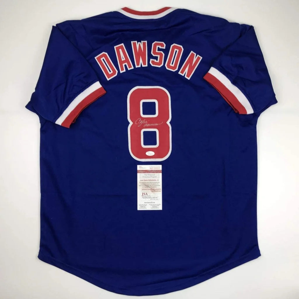 Custom blue Clyde Drexler signed jersey with number 8 and Dawson nameplate