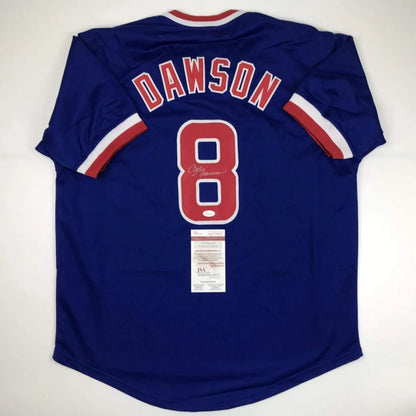 Custom blue Clyde Drexler signed jersey with number 8 and Dawson nameplate