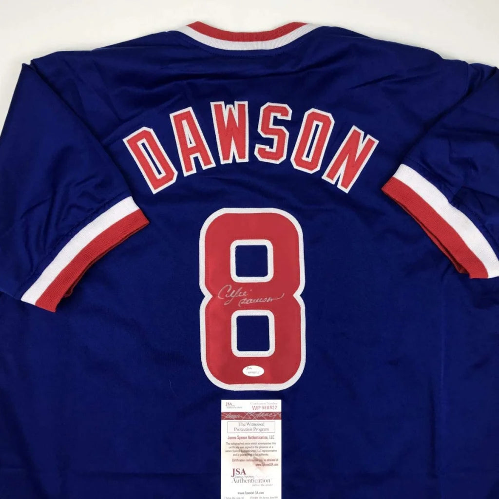 Custom blue baseball jersey with red accents, number 8, Dawson name, signed by NBA legend Clyde Drexler