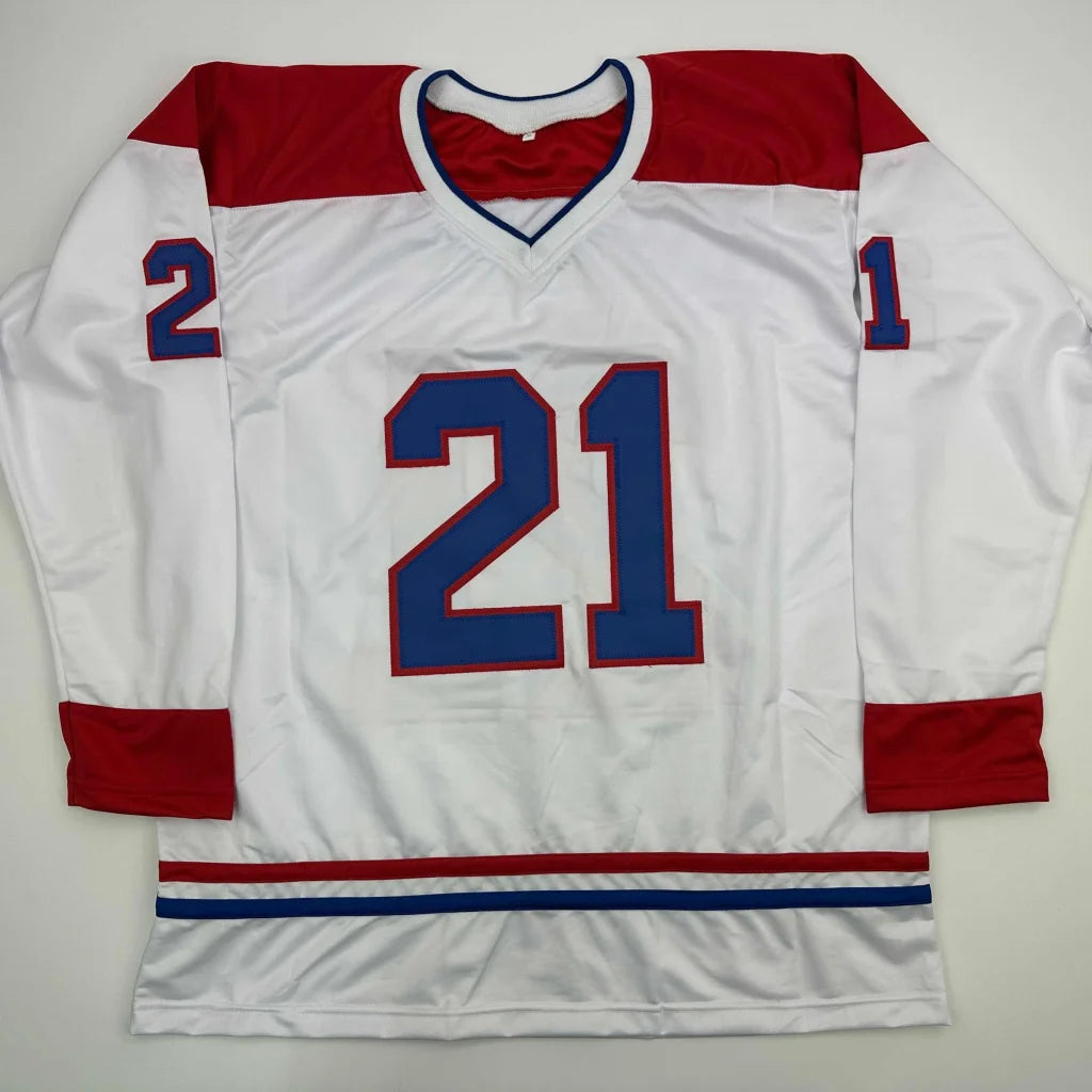 Custom Jersey Signed by Pat LaFontaine Number 21 White Red Blue Hockey Shirt