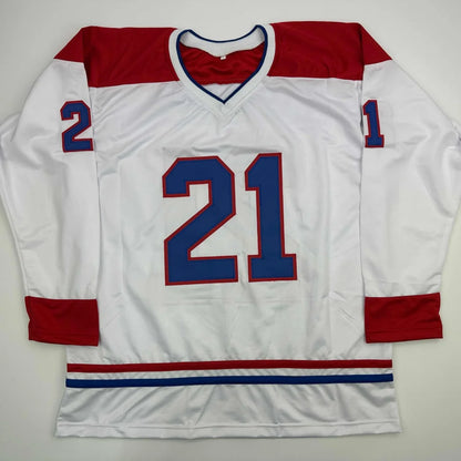 Custom Jersey Signed by Pat LaFontaine Number 21 White Red Blue Hockey Shirt