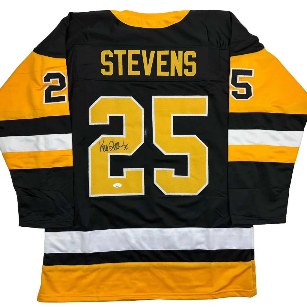Custom black and gold hockey jersey with white stripes, number 25, Stevens name, signed by Paul Stevens