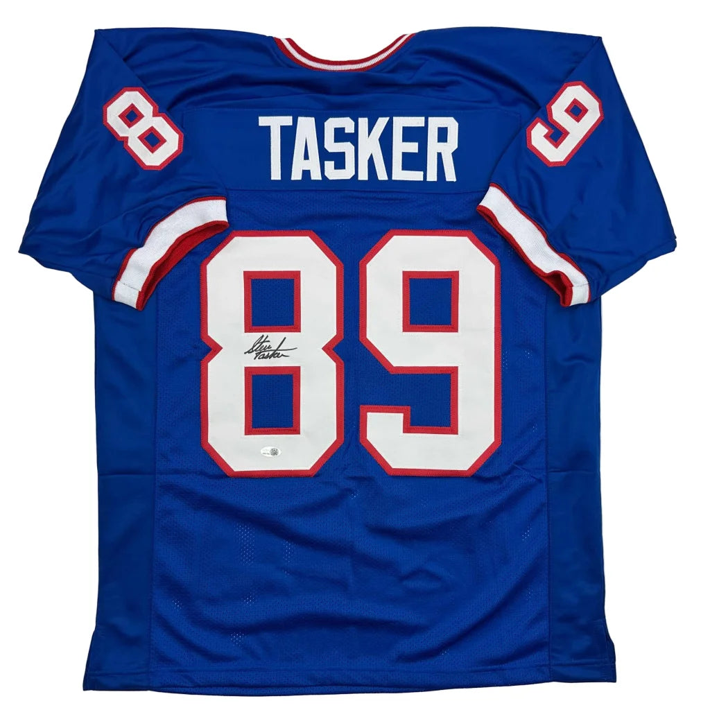 Blue custom jersey with Tasker name, pro sports legends signed