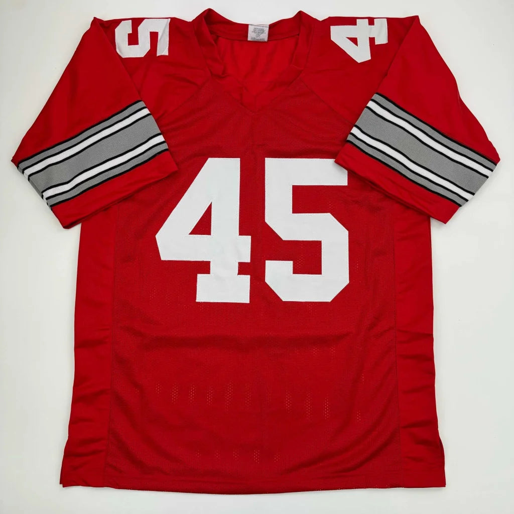 Custom signed red white football jersey number 45, pro sports league collectible