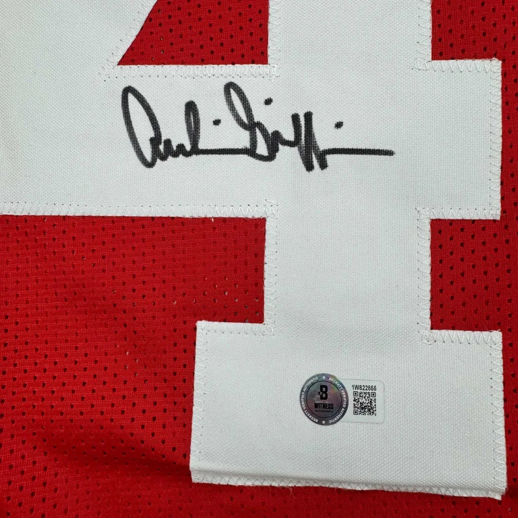 Red and white custom jersey signed with black autograph, number 45 professional sports collectible