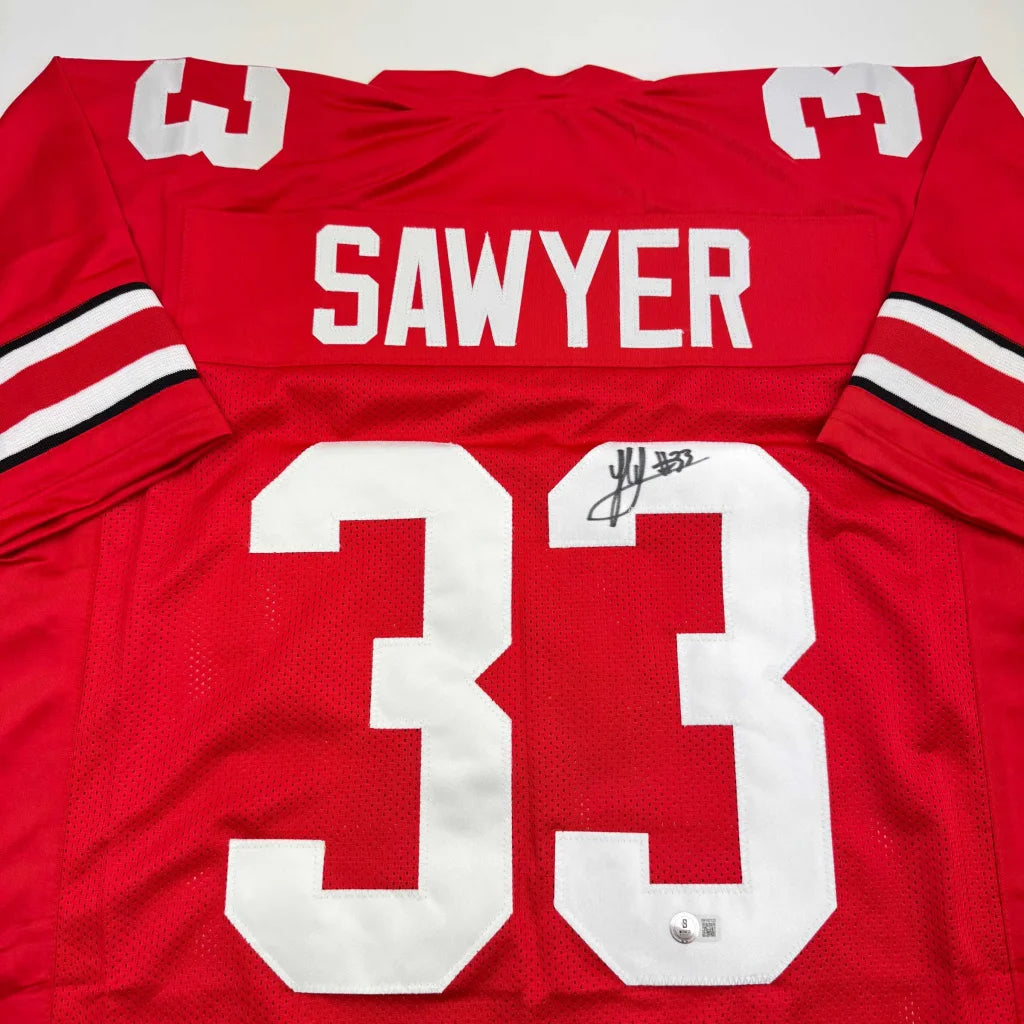 Red custom jersey signed by Sawyer, pro sports league style