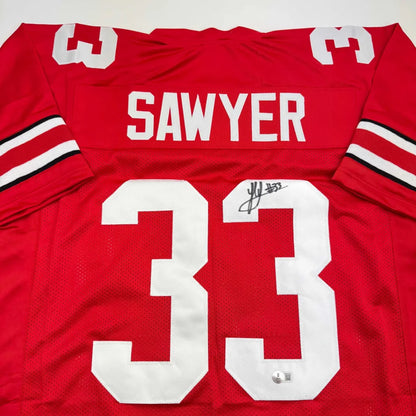 Red custom jersey signed by Sawyer, pro sports league style