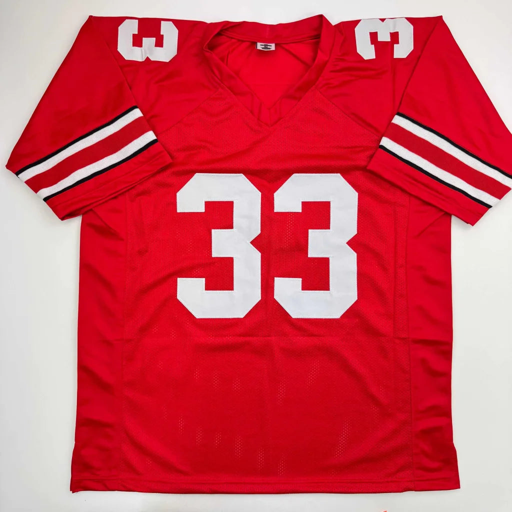Red custom jersey with white stripes, number 33, signed by Sawyer