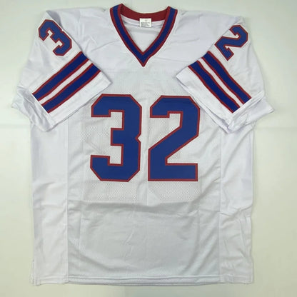 Custom jersey from professional sports league featuring white football jersey with blue and red accents