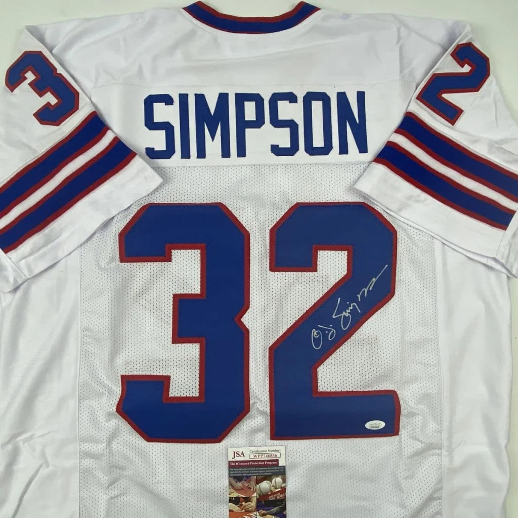 Autographed white custom football jersey with blue numerals from a professional sports league