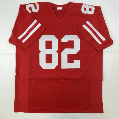 Custom red athletic jersey with white number 82 and double arm stripes for sports league