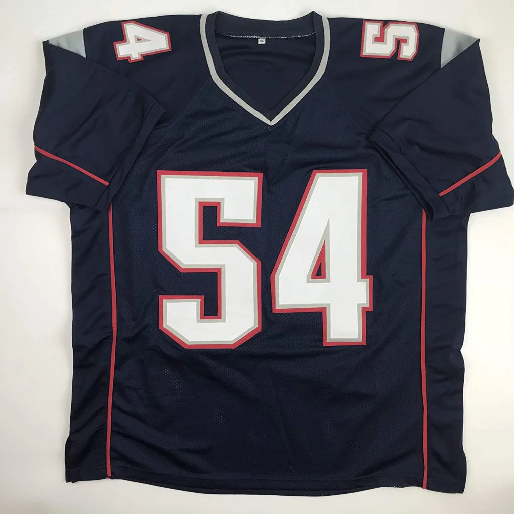 Navy blue custom jersey with white and red 54 numbers from professional sports league